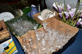 THREE BOXES AND LOOSE CERAMICS AND GLASSWARES, to include five cut glass/crystal decanters and