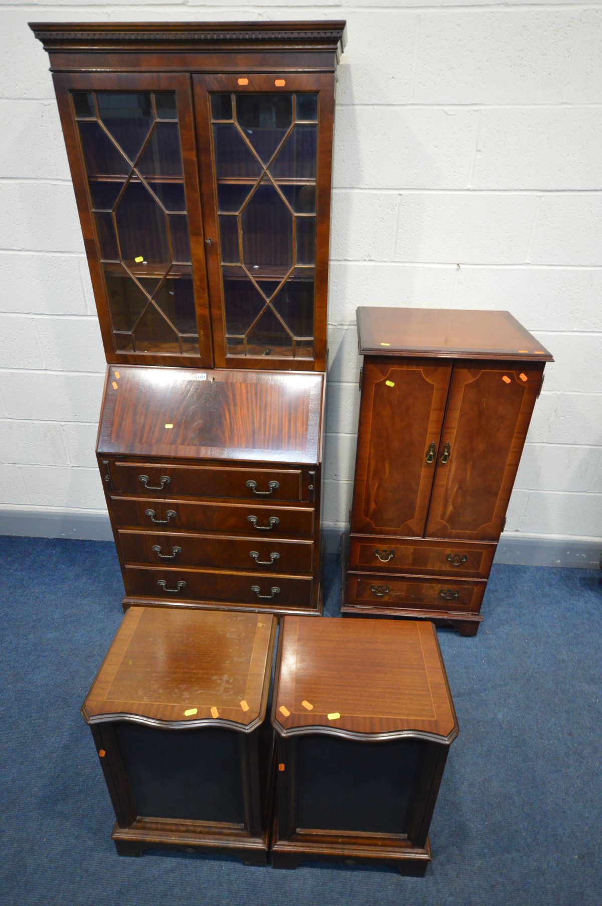 A MAHOGANY BUREAU BOOKCASE, width 75cm x depth 45cm x height 189cm, along with a hi-fi cabinet and