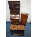 A MAHOGANY BUREAU BOOKCASE, width 75cm x depth 45cm x height 189cm, along with a hi-fi cabinet and