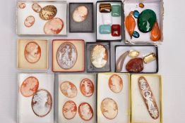 A TRAY OF LOOSE CAMEOS AND CUT SEMI-PRECIOUS STONES, cameos mostly of an oval form each depicting