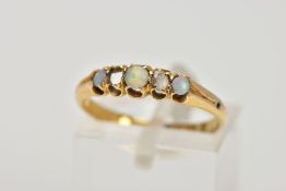A LATE VICTORIAN, 18CT GOLD GEM SET RING, five stone design with three graduated opal cabochons
