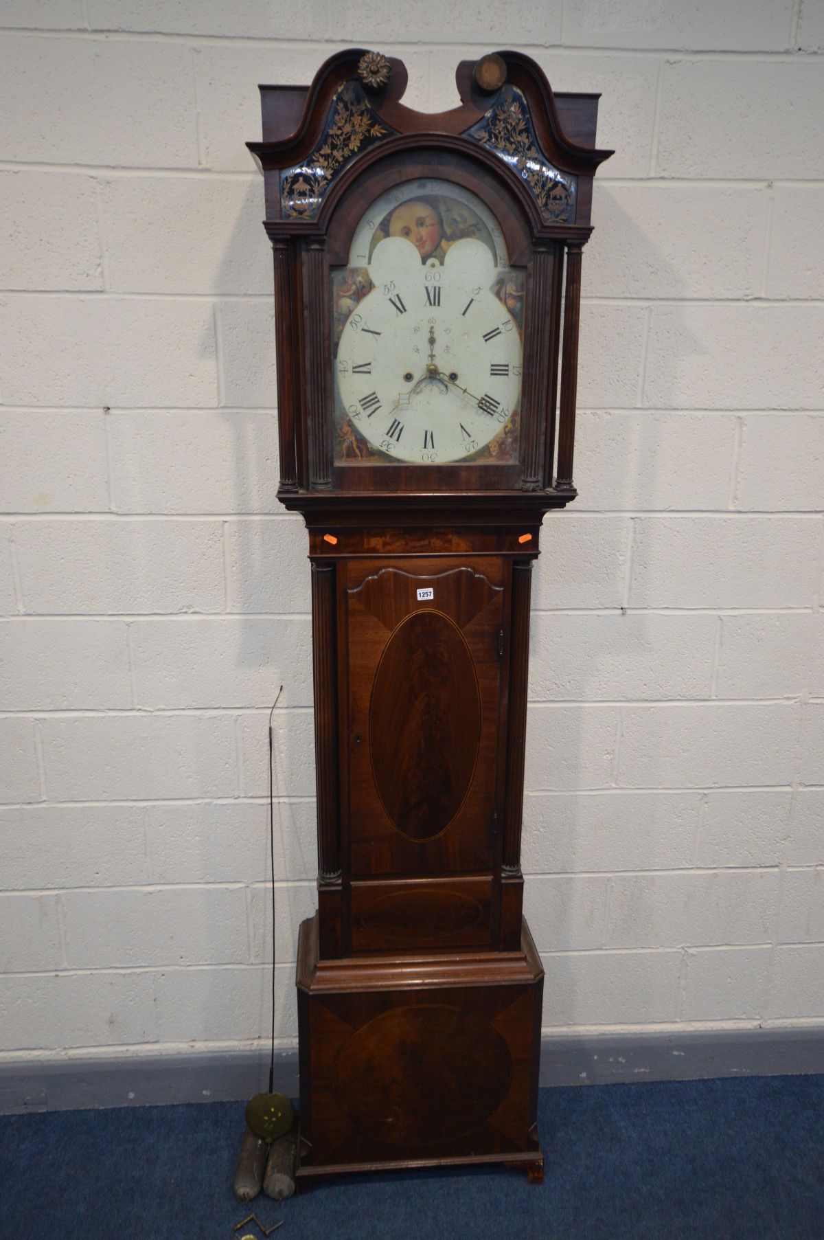 A GEORGE IV MAHOGANY 8 DAY LONGCASE CLOCK, the hood with decorated glass panels below a swan neck