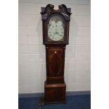 A GEORGE IV MAHOGANY 8 DAY LONGCASE CLOCK, the hood with decorated glass panels below a swan neck