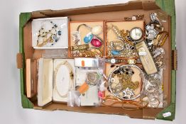 A BOX OF ASSORTED COSTUME JEWELLERY, to include a variety of ladies fashion wristwatches such as '