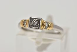 A BI-COLOUR DIAMOND DRESS RING, designed as a central princess cut diamond within a square collet