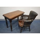 AN EARLY 20TH CENTURY MAHOGANY OFFICE ARMCHAIR, distressed leather, spindles armrests, dish seat, on