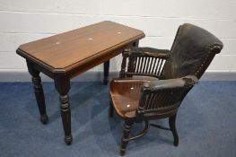 AN EARLY 20TH CENTURY MAHOGANY OFFICE ARMCHAIR, distressed leather, spindles armrests, dish seat, on