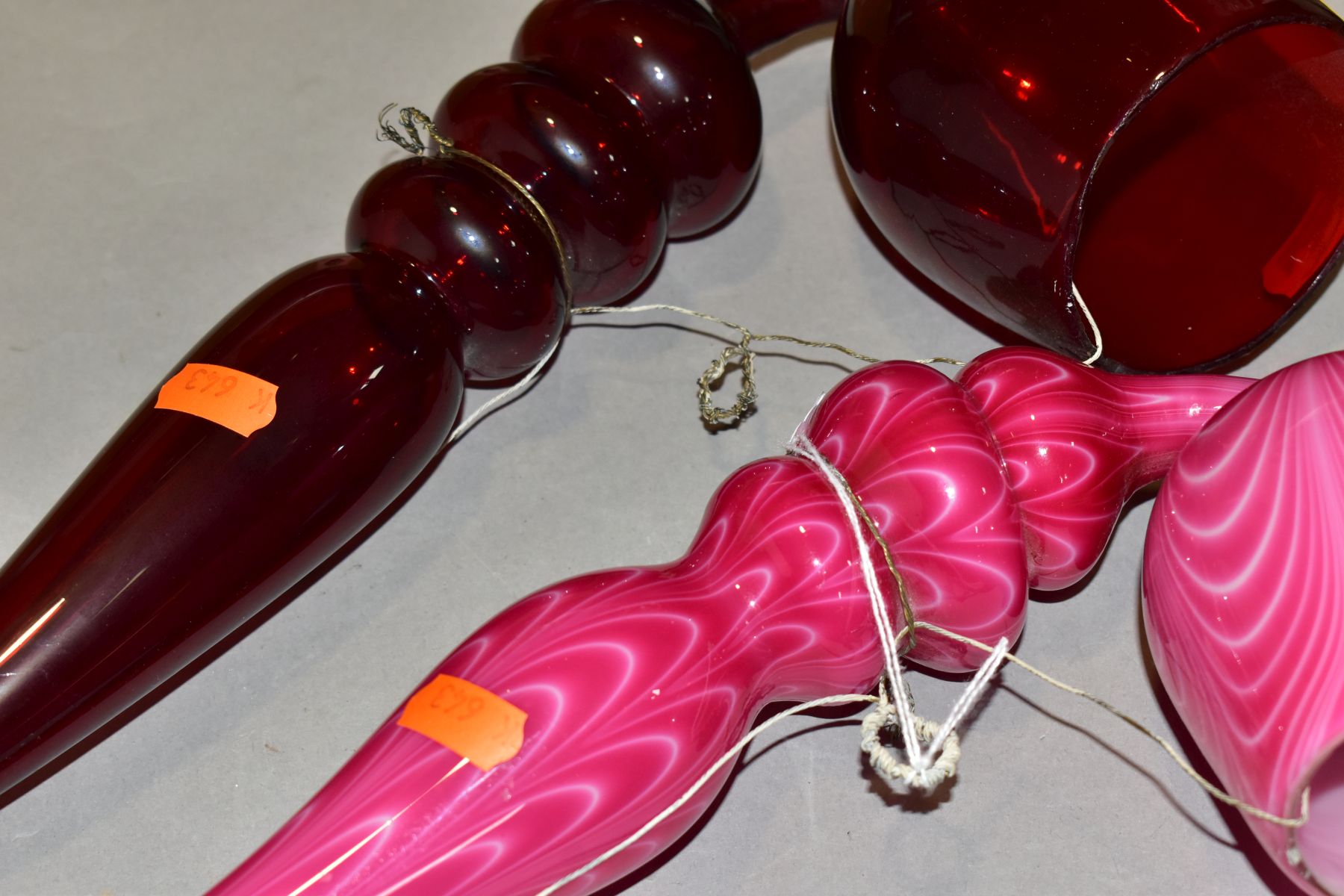 TWO 19TH CENTURY COLOURED GLASS OVERSIZED PIPES, one in ruby glass, the other in opaque pink with - Image 12 of 15