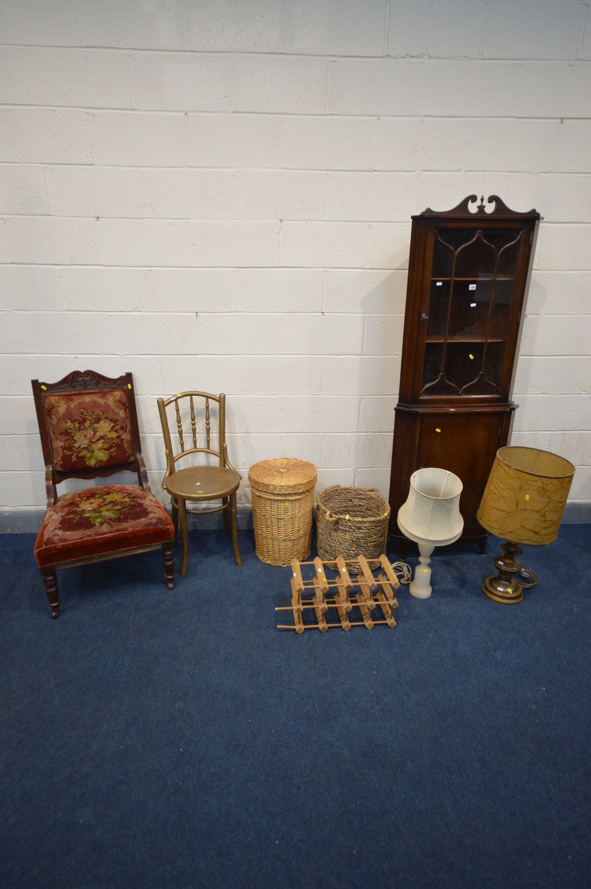 AN EDWARDIAN WALNUT PARLOUR CHAIR, a mahogany corner cupboard, gilt painted bentwood chair, two