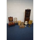 AN EDWARDIAN WALNUT PARLOUR CHAIR, a mahogany corner cupboard, gilt painted bentwood chair, two