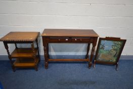 A HARDWOOD HALL TABLE, with two drawers, width 104cm x depth 36cm x height 80cm, along with an oak