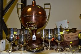 A COPPER AND BRASS SAMOVAR, PLATED ITEMS AND TWO BLANKETS, to include plated bon bon dish,