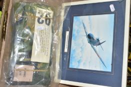 A BOX CONTAINING A SEALED PAIR OF MILITARY VBC MKIV DPM TROUSERS, framed print of a Spitfire MK1