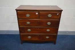 A GEORGIAN MAHOGANY CHEST OF TWO SHORT OVER THREE LONG DRAWERS, brass drop handles, on bracket feet,