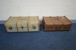 TWO VINTAGE TRAVELLING TRUNKS (one trunk missing handles)