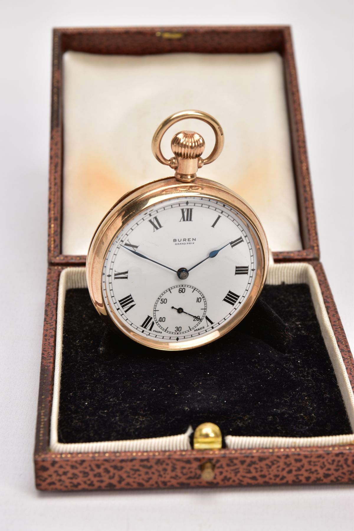 A 9CT GOLD 'BUREN' OPEN FACE POCKET WATCH, round gold dial signed 'Buren, Grand Prix', Roman - Image 7 of 7