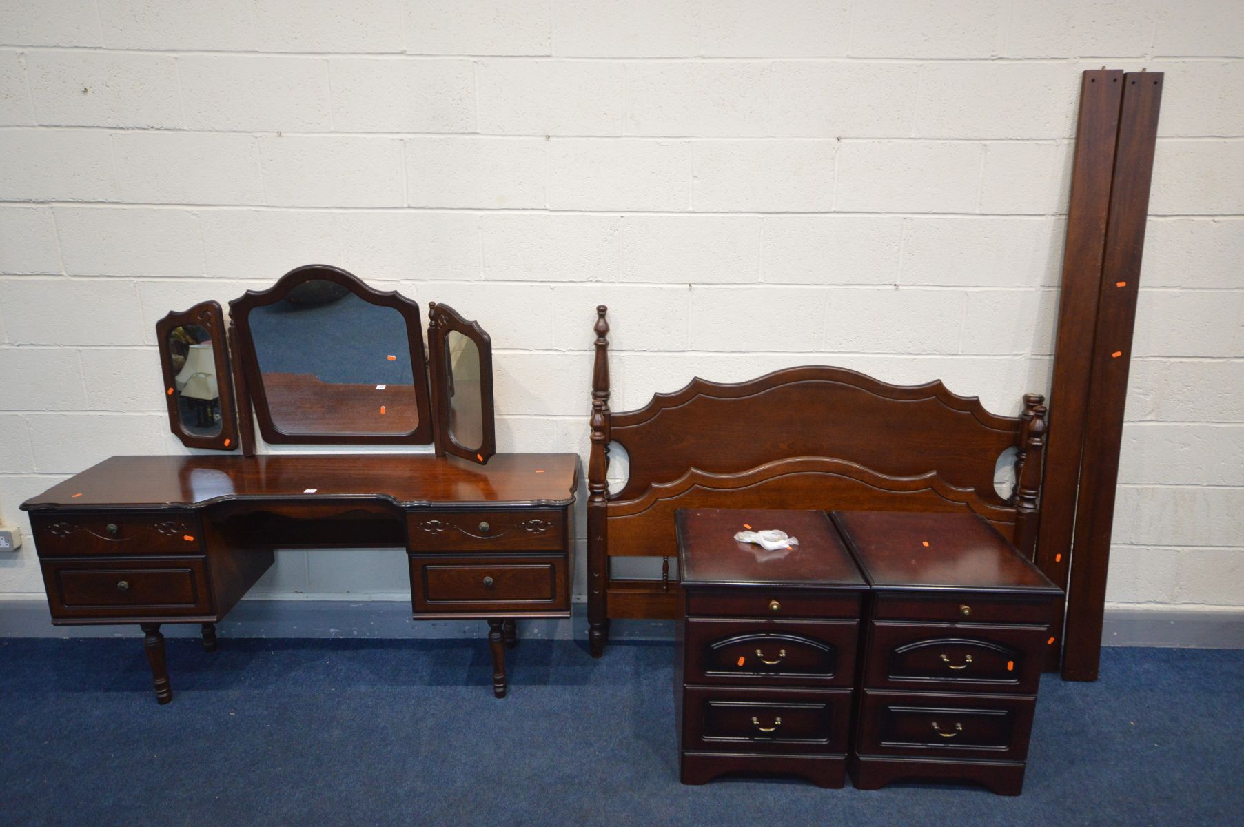 A MAHOGANY DRESSING TABLE, with four drawers and triple mirror, length 159cm, stool, a pair of two
