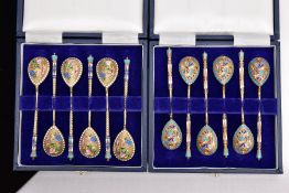 TWO CASED SETS OF SIX RUSSIAN SILVER GILT TEASPOONS, late 19th/early 20th Century in later cases,