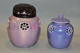 RUSKIN POTTERY, a pink lustre reticulated ginger/pot pourri jar, pierced flowers with heart shaped