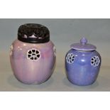 RUSKIN POTTERY, a pink lustre reticulated ginger/pot pourri jar, pierced flowers with heart shaped