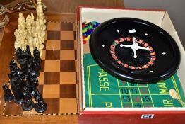 A FULL SIZE CHESS SET comprising a wooden board and plastic chess pieces, together with a smaller