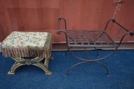 A LOUIS XVI STYLE SAVONAROLA STOOL and a similar style wrought iron stool (2) (the items in this lot