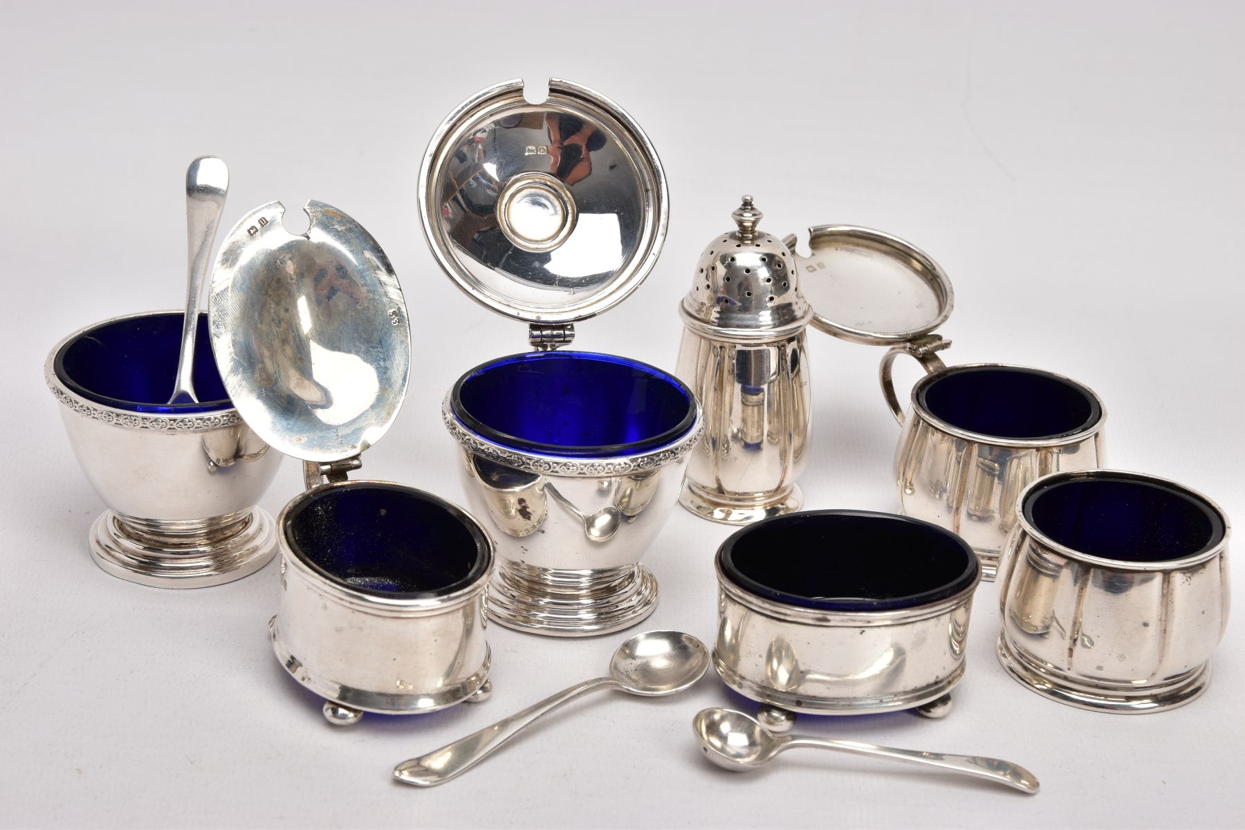 A SELECTION OF SILVER SALTS AND MUSTARDS, to include three two-piece salt and mustard sets, the - Image 4 of 8