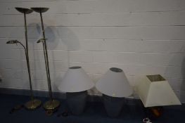 A PAIR OF MODERN GREY VASE SHAPED TABLE LAMPS, a multi coloured glazed table lamp, and two