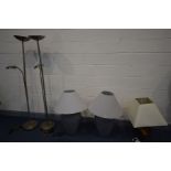 A PAIR OF MODERN GREY VASE SHAPED TABLE LAMPS, a multi coloured glazed table lamp, and two