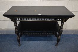 A LATE VICTORIAN EBONISED SIDE TABLE, with an undershelf, width 107cm x depth 47cm x height 74cm
