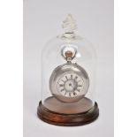 A MID VICTORIAN HALF HUNTER SILVER POCKET WATCH IN A BELL JAR GLASS DISPLAY CASE, the white face
