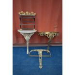 A CAST IRON DEMI LUNE CONSOLE TABLE, along with a gilt demi lune console table, a metal hanging wall