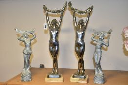 FOUR ART DECO METAL LADY FIGURES, comprising a pair of chrome plated nudes holding aloft