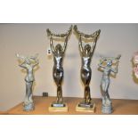 FOUR ART DECO METAL LADY FIGURES, comprising a pair of chrome plated nudes holding aloft