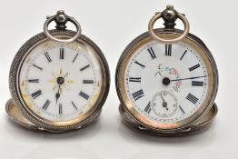 TWO LADIES OPEN FACE POCKET WATCHES, the first with a round white dial, Roman numerals, seconds