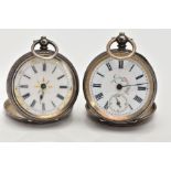 TWO LADIES OPEN FACE POCKET WATCHES, the first with a round white dial, Roman numerals, seconds