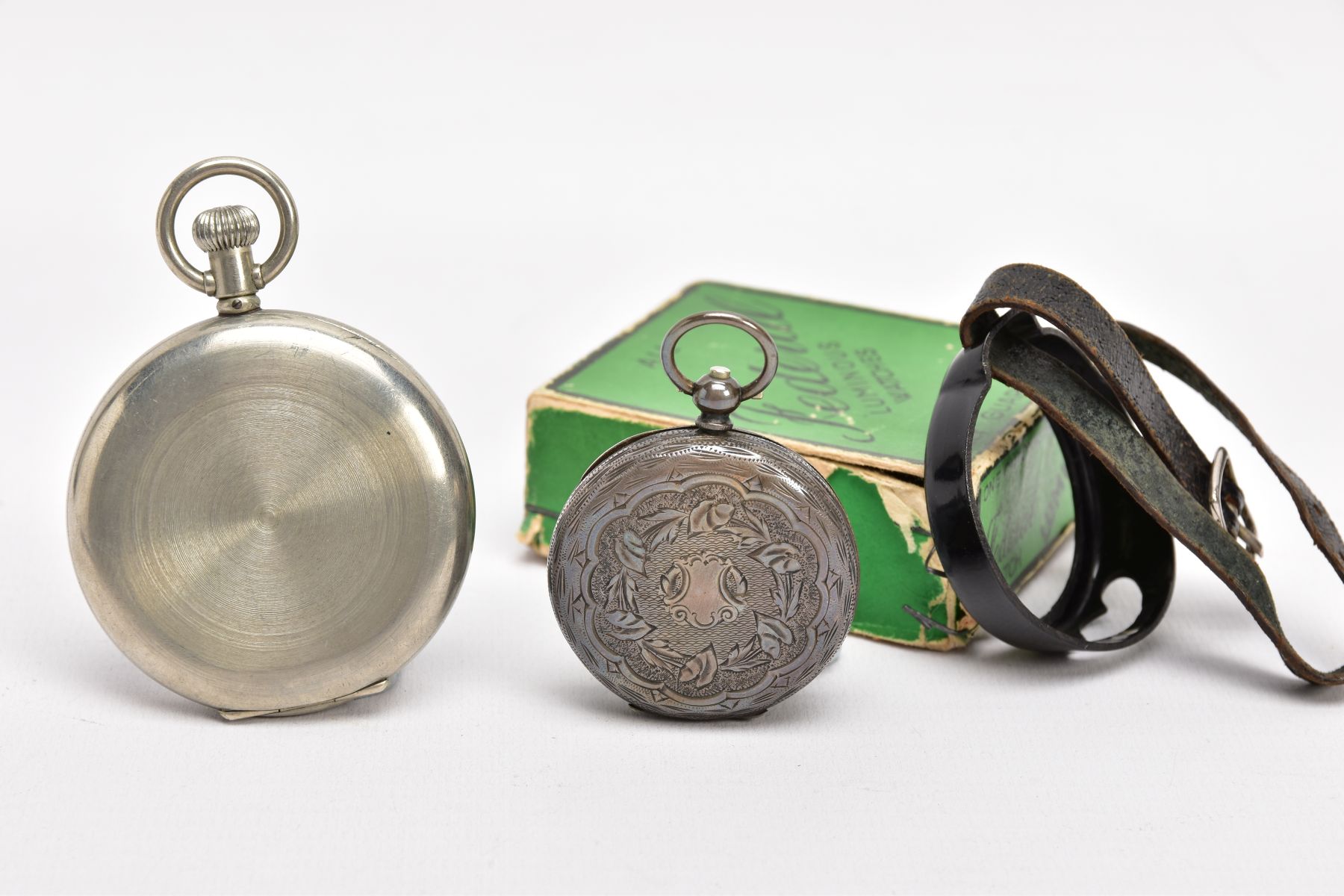 A SILVER OPEN FACE POCKET WATCH, A STOP WATCH AND AN ALBERT CHAIN, the pocket watch with a round - Image 2 of 6