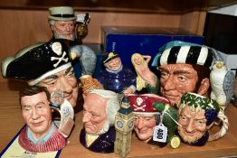 SEVEN ROYAL DOULTON CHARACTER JUGS AND A BOXED ROYAL DOULTON TEAPOT, comprising Long John Silver