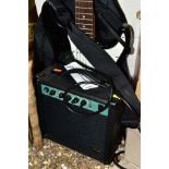 A STAGG ELECTRIC GUITAR AND AMPLIFIER, with instructions and a soft carry case, no cable to