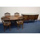 A STRONGBOW MAHOGANY DINING TABLE, four chairs and a matching sideboard, width 168cm (5)