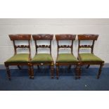 A SET OF FOUR REGENCY MAHOGANY BAR BACK CHAIRS, with a horizontal foliate splat, drop in seat