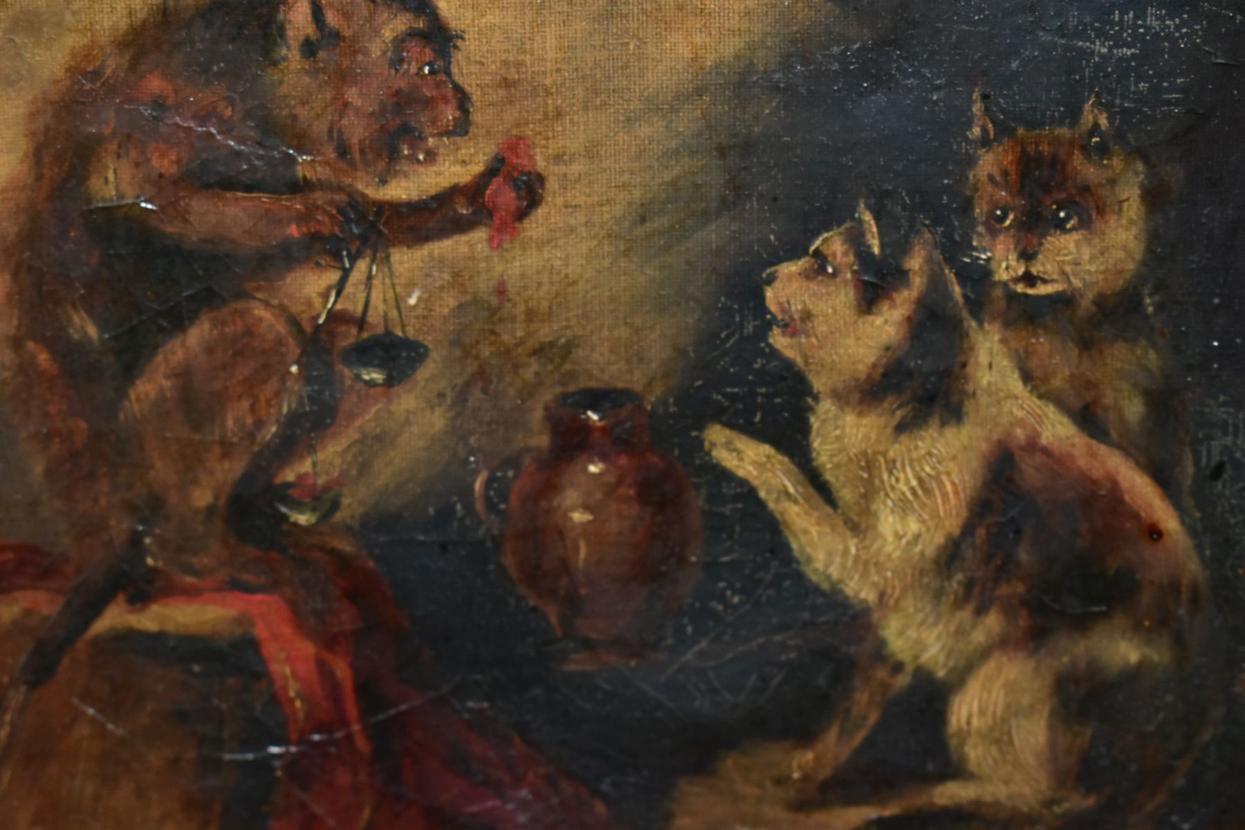 TWO 19TH CENTURY SCHOOL OILS ON CANVAS, the first depicts a dog wearing a red jacket torturing a cat - Image 3 of 4