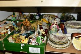 FOUR BOXES AND LOOSE CERAMICS, GLASS, METALWARES ETC, to include Royal Doulton figurines '