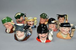 NINE SMALL ROYAL DOULTON CHARACTER JUGS, Golfer D6756, Gone Away D6538, The Graduate D6916,