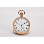 A 9CT GOLD 'BUREN' OPEN FACE POCKET WATCH, round gold dial signed 'Buren, Grand Prix', Roman