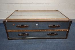 TIMOTHY OULTON STYLE, A MIRRORED METAL, OAK AND LEATHER BOUND COFFEE TABLE, with two short over