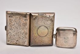 A SILVER CIGARETTE CASE AND A VESTA, the cigarette case of a rectangular form, engraved floral