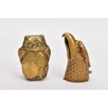 TWO BRASS VESTA CASES, the first in the form of an eagle head, with orange paste set to one eye,