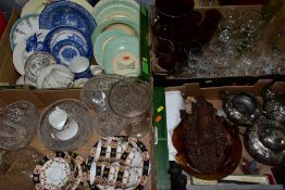 FOUR BOXES OF CERAMICS, GLASSWARE, METALWARE AND TREEN, ETC, including a wall hanging Black Forest