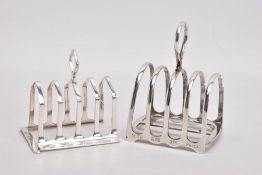 TWO SILVER TOAST RACKS, the first with rounded racks and a circular handle, engraved 'W.K.H 1928 3rd